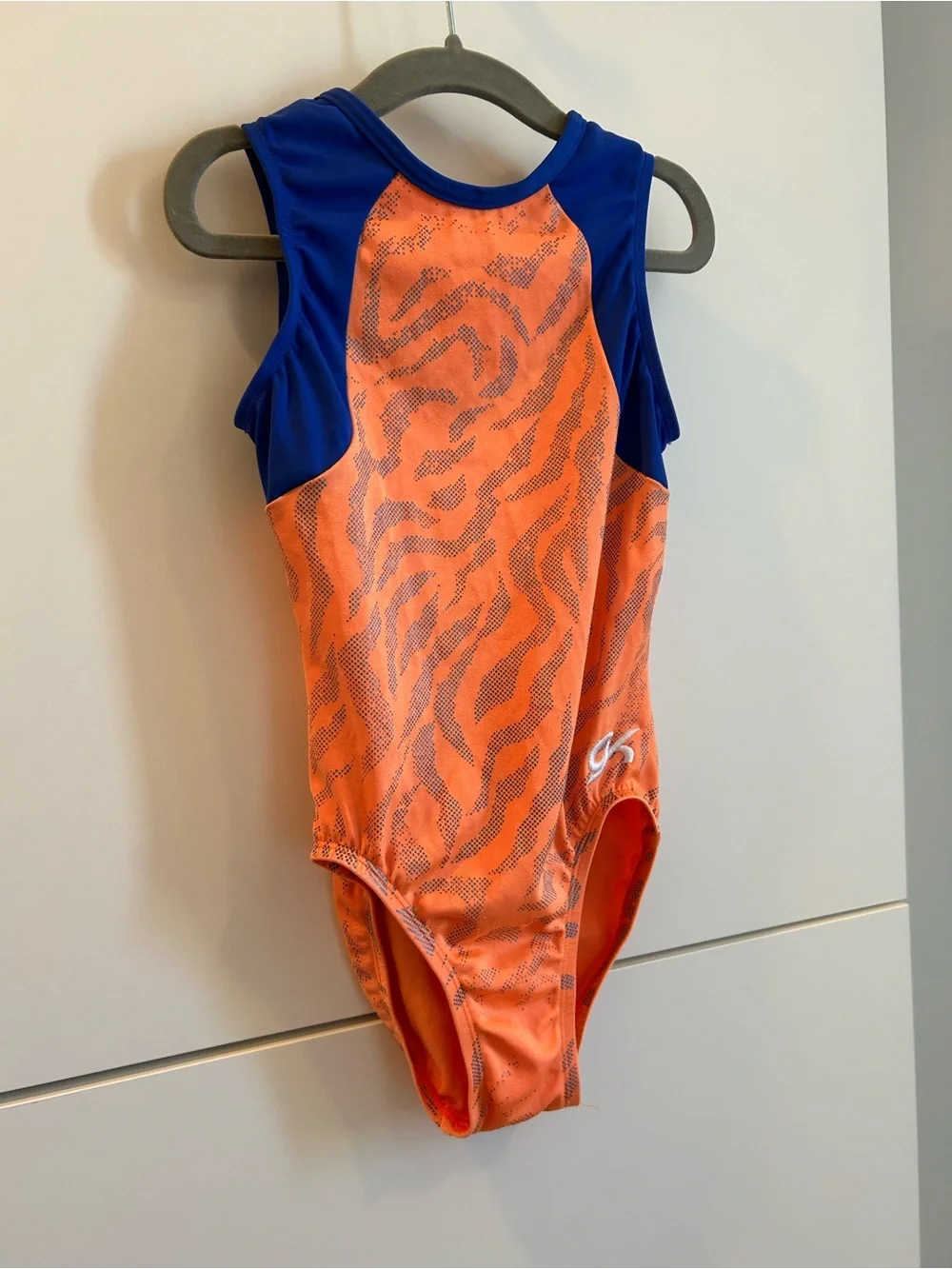 GK Elite Orange & Royal Blue Tiger Print Leotard - CM Child’s Medium